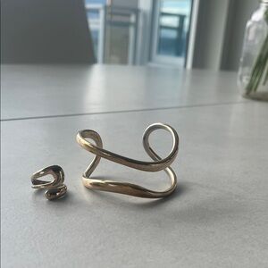 Abstract Sculptural Gold-Tone Cuff Bracelet and Ring Set